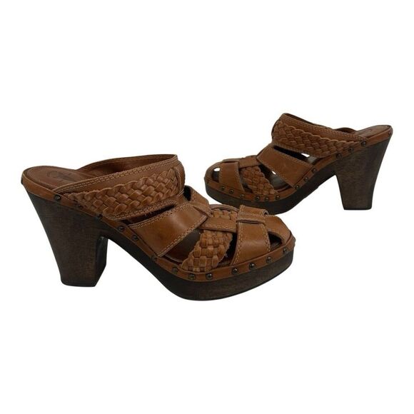 Frye Womens Size 8.5 Woven Leather Sandals Brown Wood Heel Boho Platform Clogs - Picture 5 of 8